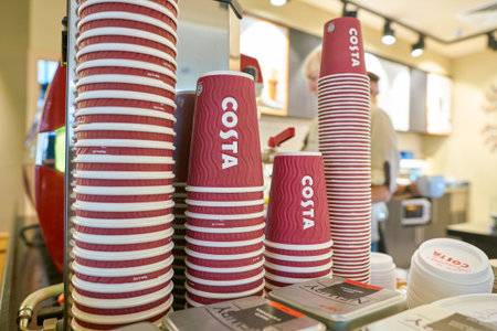NIZHNY NOVGOROD, RUSSIA - CIRCA JULY, 2018: Costa Coffee paper cups in Strigino International Airport.のeditorial素材