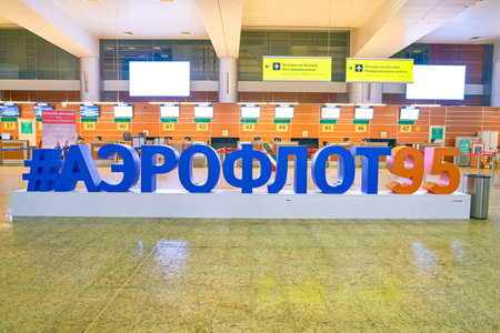 MOSCOW, RUSSIA - CIRCA JULY, 2018: check-in area in Sheremetyevo International Airport.のeditorial素材