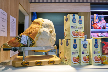 MILAN, ITALY - CIRCA NOVEMBER, 2017: food products for sale in shop in Milan.のeditorial素材