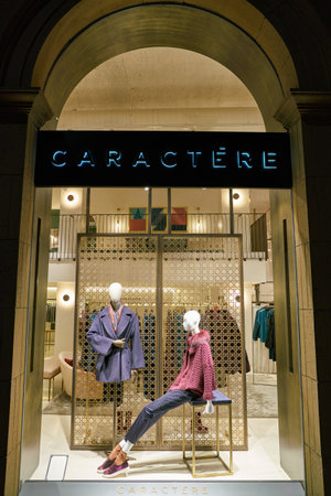 MILAN, ITALY - CIRCA NOVEMBER, 2017: shop window display of clothing at a Caractere store in Milan,...