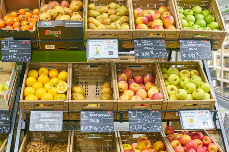MILAN, ITALY - CIRCA NOVEMBER, 2017: assortment of fruits on display for sale at  Bio c'Bon store in Milan.のeditorial素材