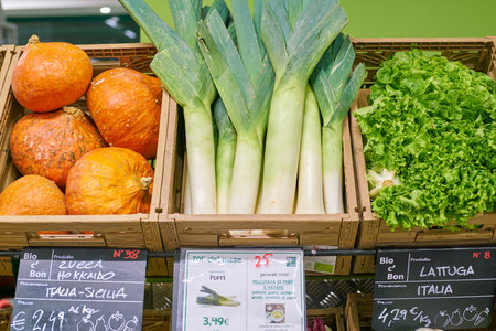MILAN, ITALY - CIRCA NOVEMBER, 2017: vegetables for sale in Bio c'Bon shop in Milan.のeditorial素材
