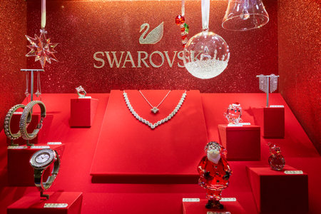 MILAN, ITALY - CIRCA NOVEMBER, 2017: jewellery display at Swarovski store in Milan. Swarovski is an...