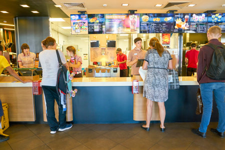 MOSCOW, RUSSIA - CIRCA AUGUST, 2018: counter service in McDonald's restaurant.