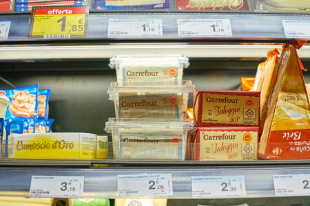 MILAN, ITALY - CIRCA NOVEMBER, 2017: assortment of food on display for sale at Carrefour Express in Milan.のeditorial素材