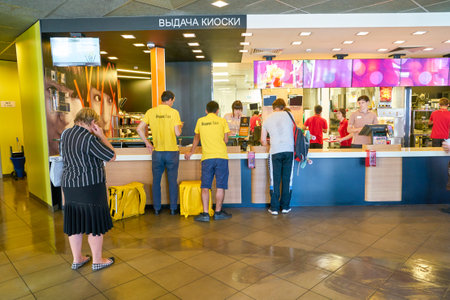 MOSCOW, RUSSIA - CIRCA AUGUST, 2018: counter service in McDonald's restaurant.