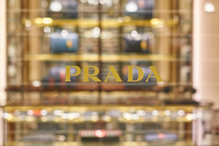MILAN, ITALY - CIRCA NOVEMBER, 2017: close up shot of Prada sign at Galleria Vittorio Emanuele II.