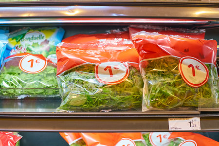 MILAN, ITALY - CIRCA NOVEMBER, 2017: assortment of food on display for sale at Carrefour Express in Milan.のeditorial素材