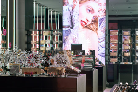 MILAN, ITALY - CIRCA NOVEMBER, 2017: interior of a MAC store in Milan. MAC is an abbreviation for Make-up Art Cosmetics.のeditorial素材
