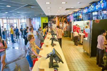 MOSCOW, RUSSIA - CIRCA AUGUST, 2018: counter service in McDonald's restaurant.のeditorial素材