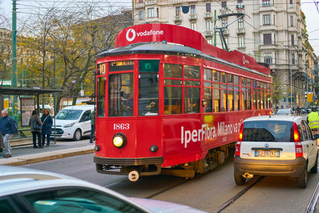 MILAN, ITALY - CIRCA NOVEMBER, 2017: tram in the city of Milan.のeditorial素材