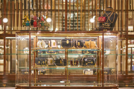 MILAN, ITALY - CIRCA NOVEMBER, 2017: bags on display at Prada store in Galleria Vittorio Emanuele II.のeditorial素材