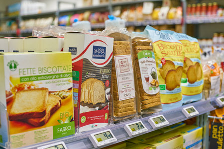 MILAN, ITALY - CIRCA NOVEMBER, 2017: assortment of food on display for sale at  Bio c'Bon store in...