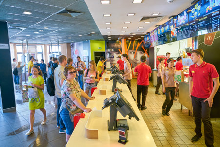 MOSCOW, RUSSIA - CIRCA AUGUST, 2018: counter service in McDonald's restaurant.