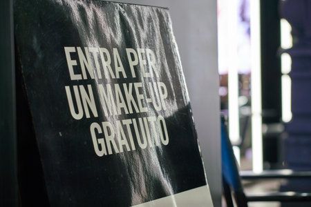 MILAN, ITALY - CIRCA NOVEMBER, 2017: close up shot of inscription at a MAC store in Milan. MAC is an...