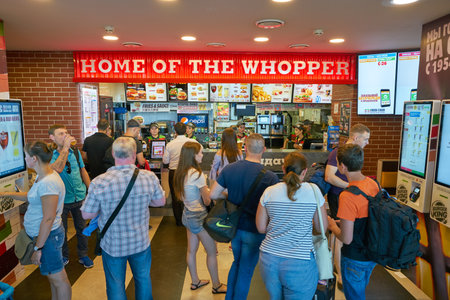MOSCOW, RUSSIA - CIRCA AUGUST, 2018: counter service at Burger King in Vnukovo International...