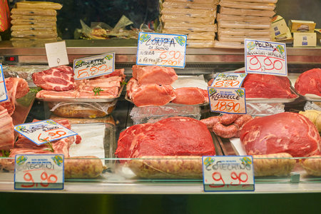 MILAN, ITALY - CIRCA NOVEMBER, 2017: assortment of meat products on display in shop in Milan.のeditorial素材