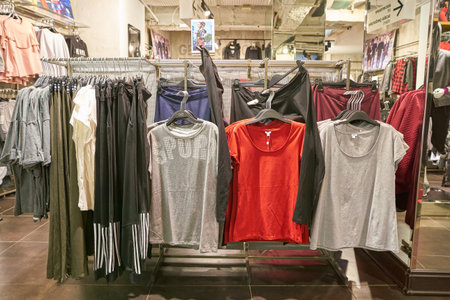 MILAN, ITALY - CIRCA NOVEMBER, 2017: clothing on display at retail store in Milan.のeditorial素材