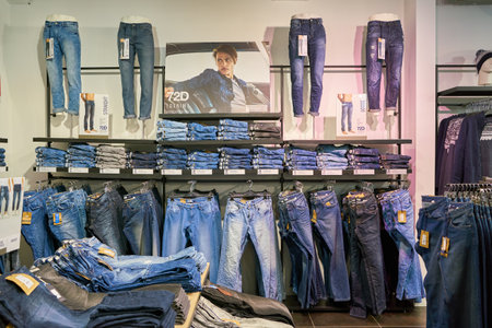 MILAN, ITALY - CIRCA NOVEMBER, 2017: clothing on display at retail store in Milan.のeditorial素材