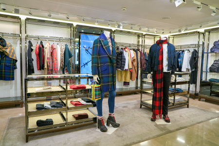 ROME, ITALY - CIRCA NOVEMBER, 2017: interior shot of Burberry store in Fiumicino International Airport. Burberry Group PLC is a British luxury fashion house.のeditorial素材