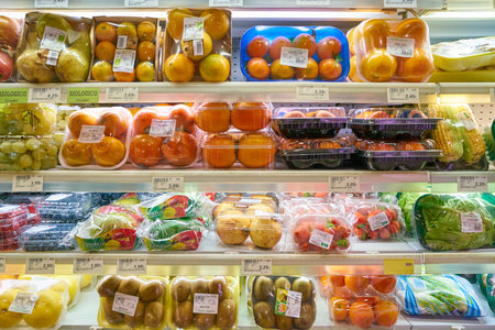 MILAN, ITALY - CIRCA NOVEMBER, 2017: assortment of fruits on display for sale at supermarket in Milan.のeditorial素材