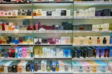 ROME, ITALY - CIRCA NOVEMBER, 2017: goods on display at Duty Free store in Fiumicino International...