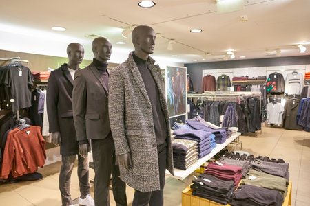 MILAN, ITALY - CIRCA NOVEMBER, 2017: clothing on display at retail store in Milan.のeditorial素材