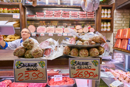MILAN, ITALY - CIRCA NOVEMBER, 2017: salami on display in shop in Milan.のeditorial素材