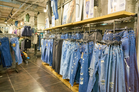 MILAN, ITALY - CIRCA NOVEMBER, 2017: clothing on display at retail store in Milan.のeditorial素材