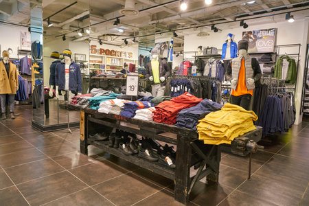 MILAN, ITALY - CIRCA NOVEMBER, 2017: clothing on display at retail store in Milan.のeditorial素材