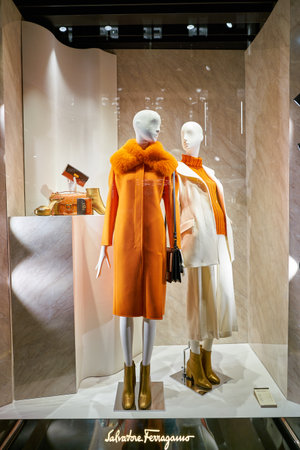MILAN, ITALY - CIRCA NOVEMBER, 2017: shop window display of clothing at Salvatore Ferragamo store in Milan, Italy.のeditorial素材