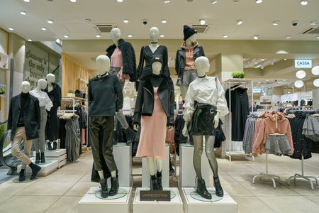 MILAN, ITALY - CIRCA NOVEMBER, 2017: clothing on display at retail store in Milan.のeditorial素材