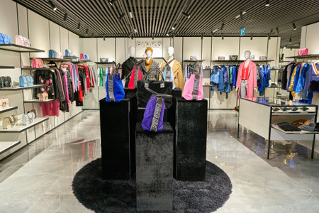 ROME, ITALY - CIRCA NOVEMBER, 2017: bags on display at a Pinko store in Fiumicino International...