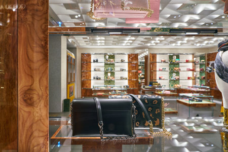 MILAN, ITALY - CIRCA NOVEMBER, 2017: bags on display at Dolce & Gabbana store in Milan. Dolce & Gabbana is an Italian luxury fashion house.のeditorial素材