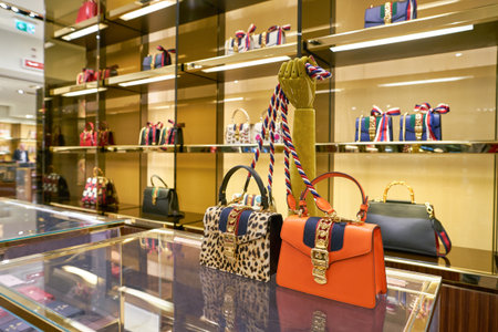 ROME, ITALY - CIRCA NOVEMBER, 2017: bags on display at a Gucci store in Fiumicino International Airport.のeditorial素材