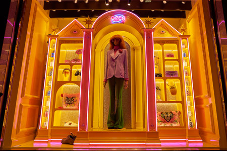 MILAN, ITALY - CIRCA NOVEMBER, 2017: display window at Gucci store in Milan. Gucci is an Italian luxury brand of fashion and leather goods.のeditorial素材