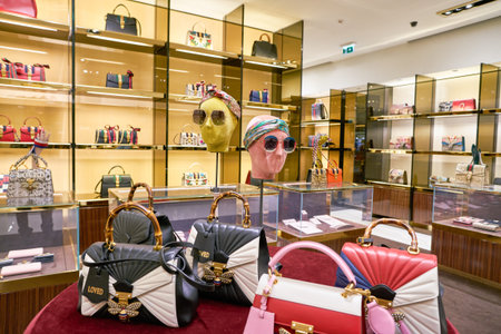 ROME, ITALY - CIRCA NOVEMBER, 2017: bags on display at a Gucci store in Fiumicino International...