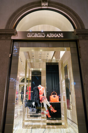 MILAN, ITALY - CIRCA NOVEMBER, 2017: a window display at Giorgio Armani store in Milan.