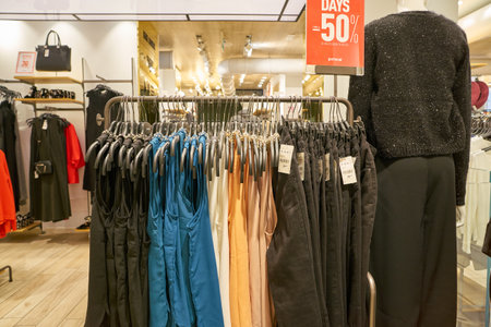 MILAN, ITALY - CIRCA NOVEMBER, 2017: clothing on display at retail store in Milan.
