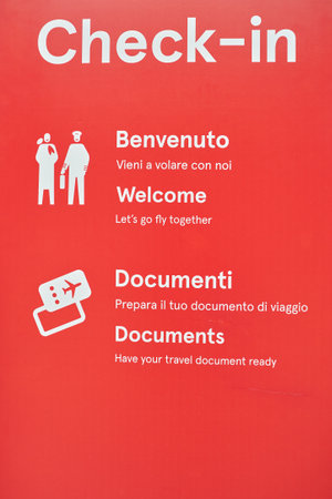 ROME, ITALY - CIRCA NOVEMBER, 2017: close up shot of check-in banner in Fiumicino International Airport "Leonardo da Vinci"のeditorial素材