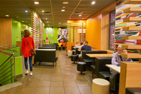 MOSCOW, RUSSIA - CIRCA JULY, 2018: interior shot of McDonald's restaurant.のeditorial素材