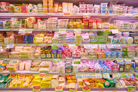MILAN, ITALY - CIRCA NOVEMBER, 2017: assortment food products on display for sale in supermarket in Milan.のeditorial素材