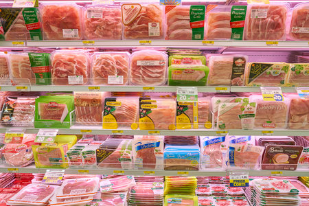MILAN, ITALY - CIRCA NOVEMBER, 2017: assortment food products on display for sale in supermarket in Milan.のeditorial素材