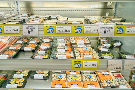 MILAN, ITALY - CIRCA NOVEMBER, 2017: assortment of sushi on display for sale at supermarket in Milan.のeditorial素材