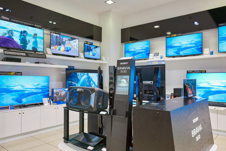 SAINT PETERSBURG, RUSSIA - CIRCA MAY, 2018: goods on display at Sony store in Galeria shopping...