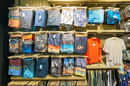 SAINT PETERSBURG, RUSSIA - CIRCA MAY, 2018: goods on display at Quiksilver store in Galeria shopping center.のeditorial素材