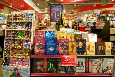 WARSAW, POLAND - CIRCA NOVEMBER, 2017: goods on display at Virgin shop in Warsaw Chopin Airport.