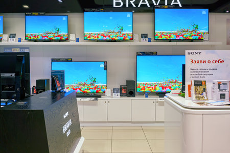 SAINT PETERSBURG, RUSSIA - CIRCA MAY, 2018: goods on display at Sony store in Galeria shopping center.のeditorial素材