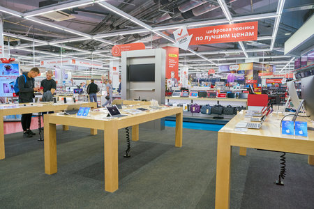 SAINT PETERSBURG, RUSSIA - CIRCA MAY, 2018: goods on display at M.video electronics store in Galeria...