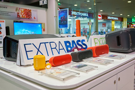 SAINT PETERSBURG, RUSSIA - CIRCA MAY, 2018: goods on display at Sony store in Galeria shopping...